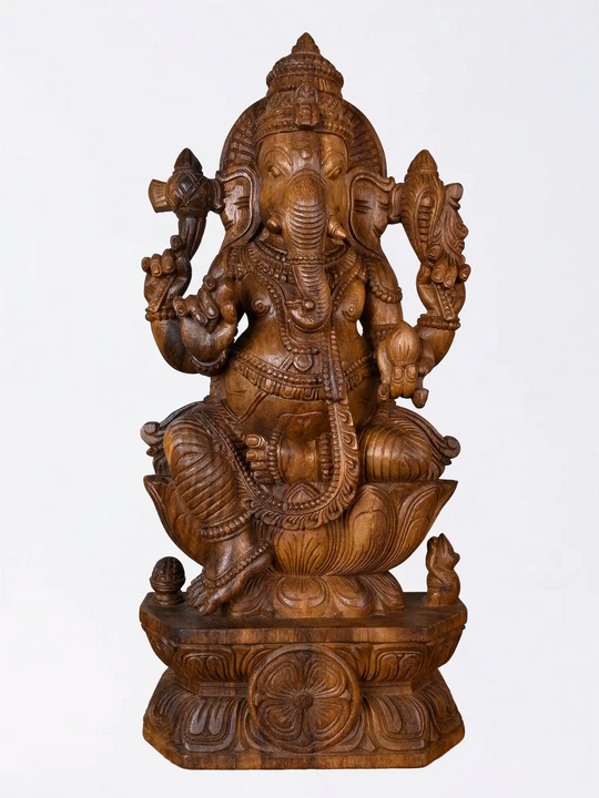 Hand carved Ganesha wooden sculpture by Indian artisans