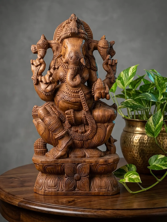 Handcrafted wooden Vinayaga idol with traditional Indian carving