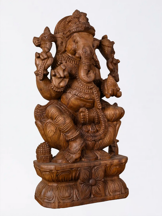 Traditional Vinayagar Wood Carving- Hindu Deity Statue 24"