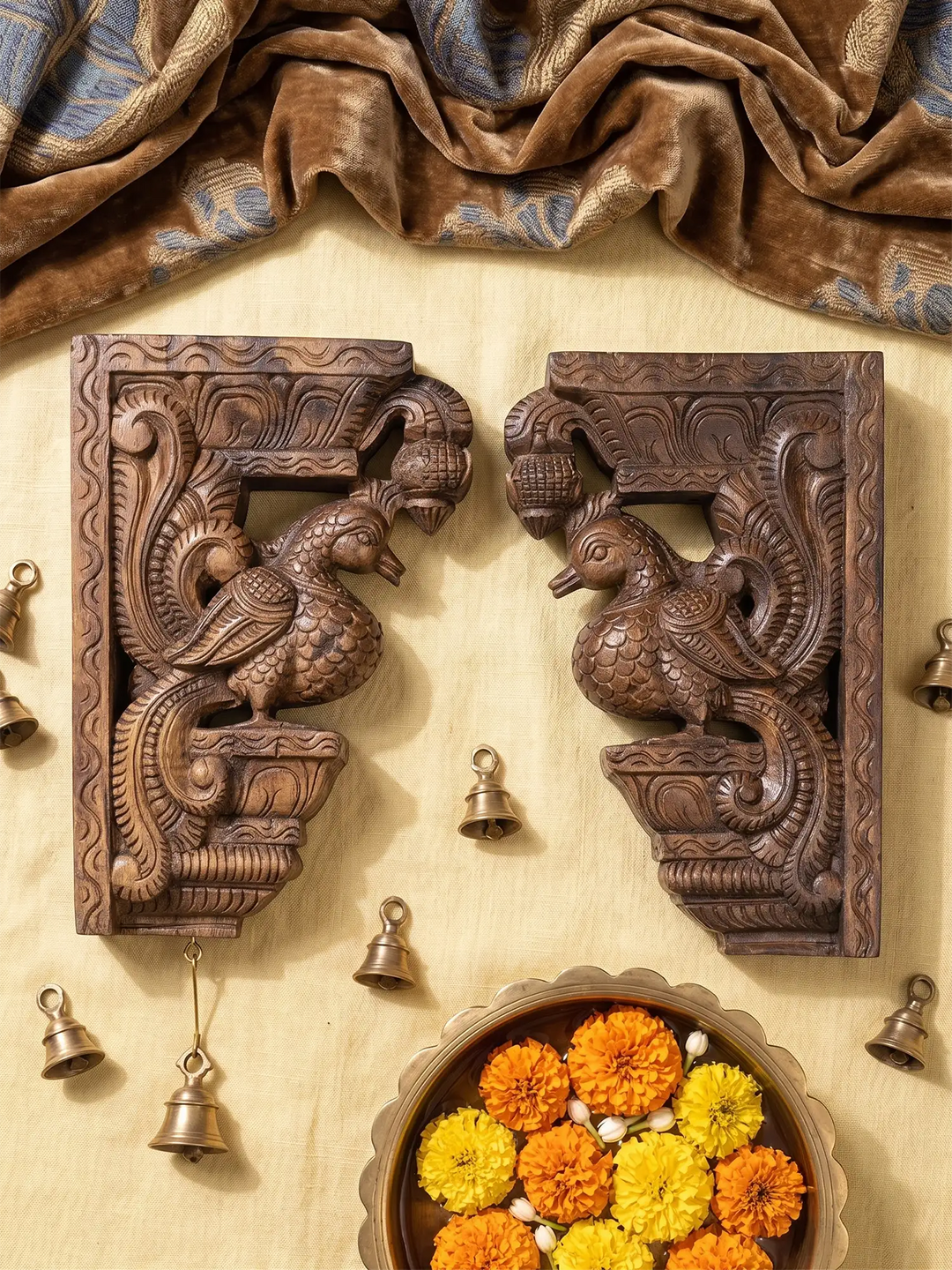 Hand-carved wooden Hamsa corbel with intricate traditional detailing