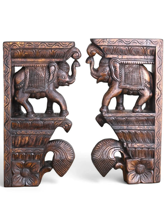 Hand-Carved Wooden Elephant Corbels-Wall decor 15"