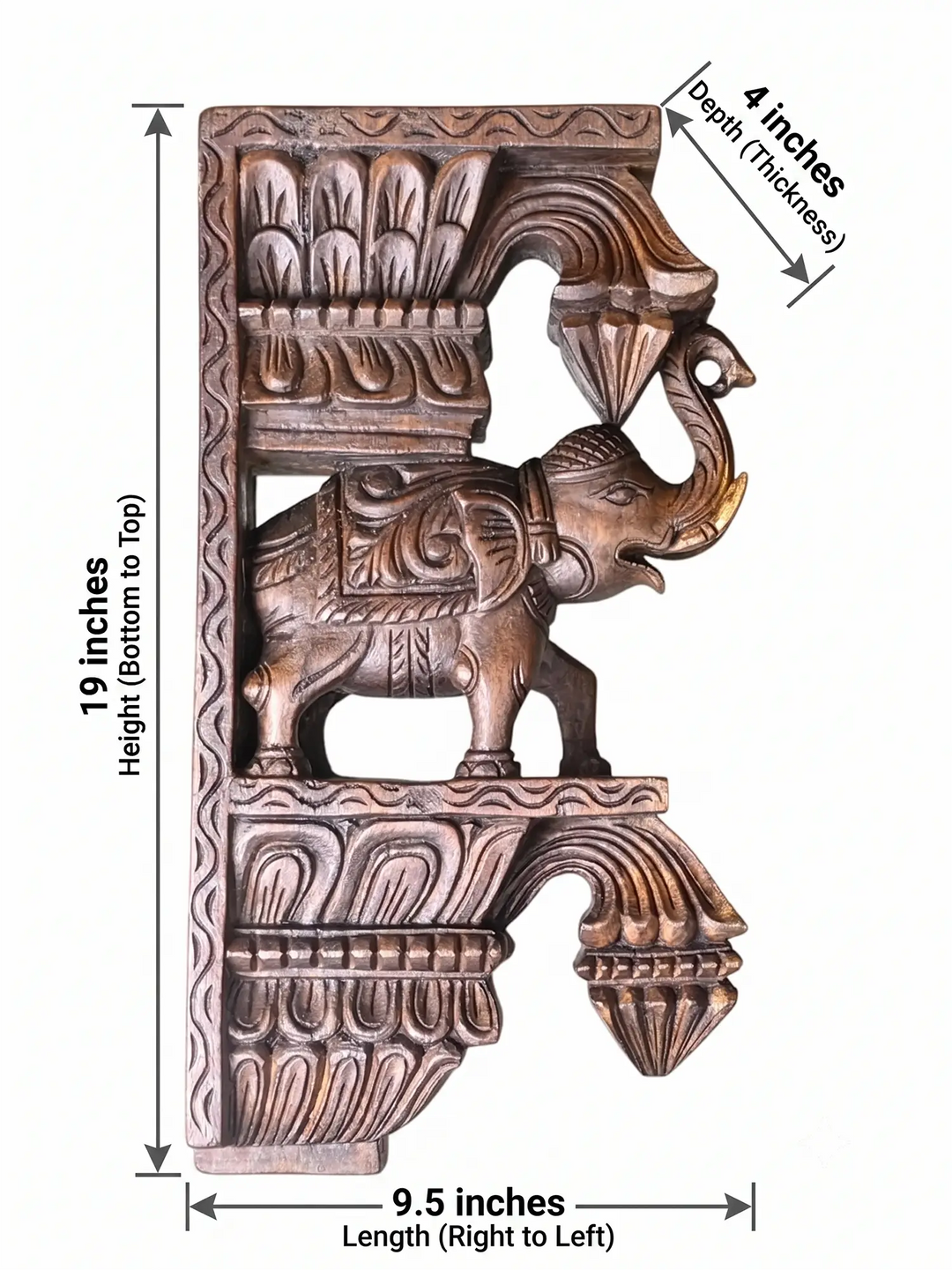 Hand-carved wooden elephant wall bracket with Detailed Dimension View