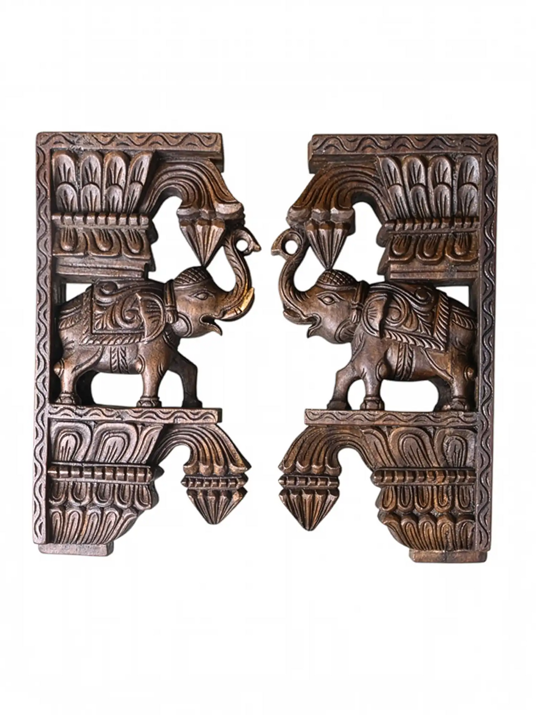 Hand-carved wooden elephant wall bracket with raised trunk in dark antique finish