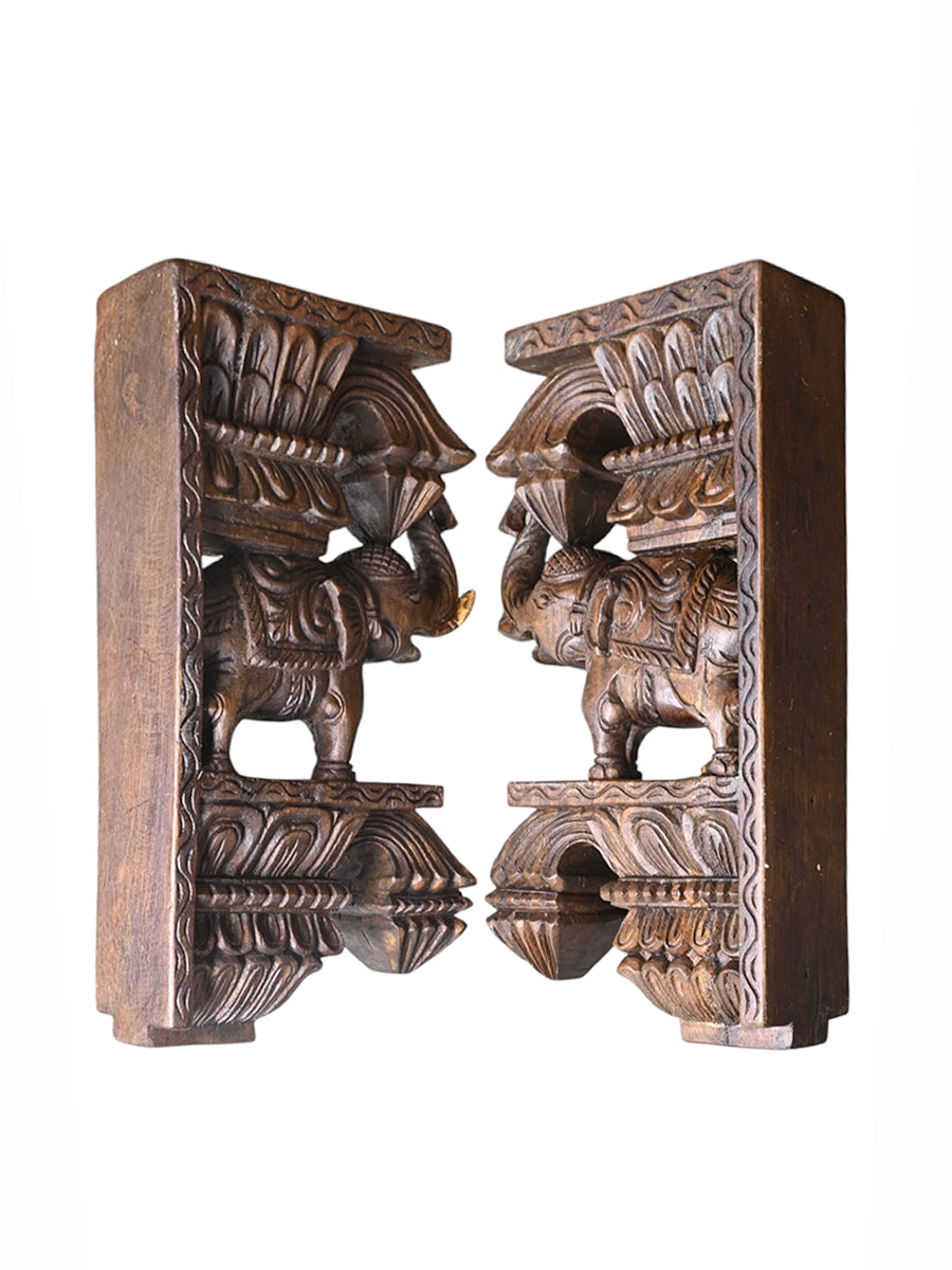 Hand-carved wooden elephant wall bracket Back Angled Posture