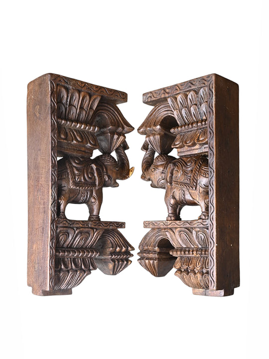 Hand-carved wooden elephant wall bracket Back Angled Posture