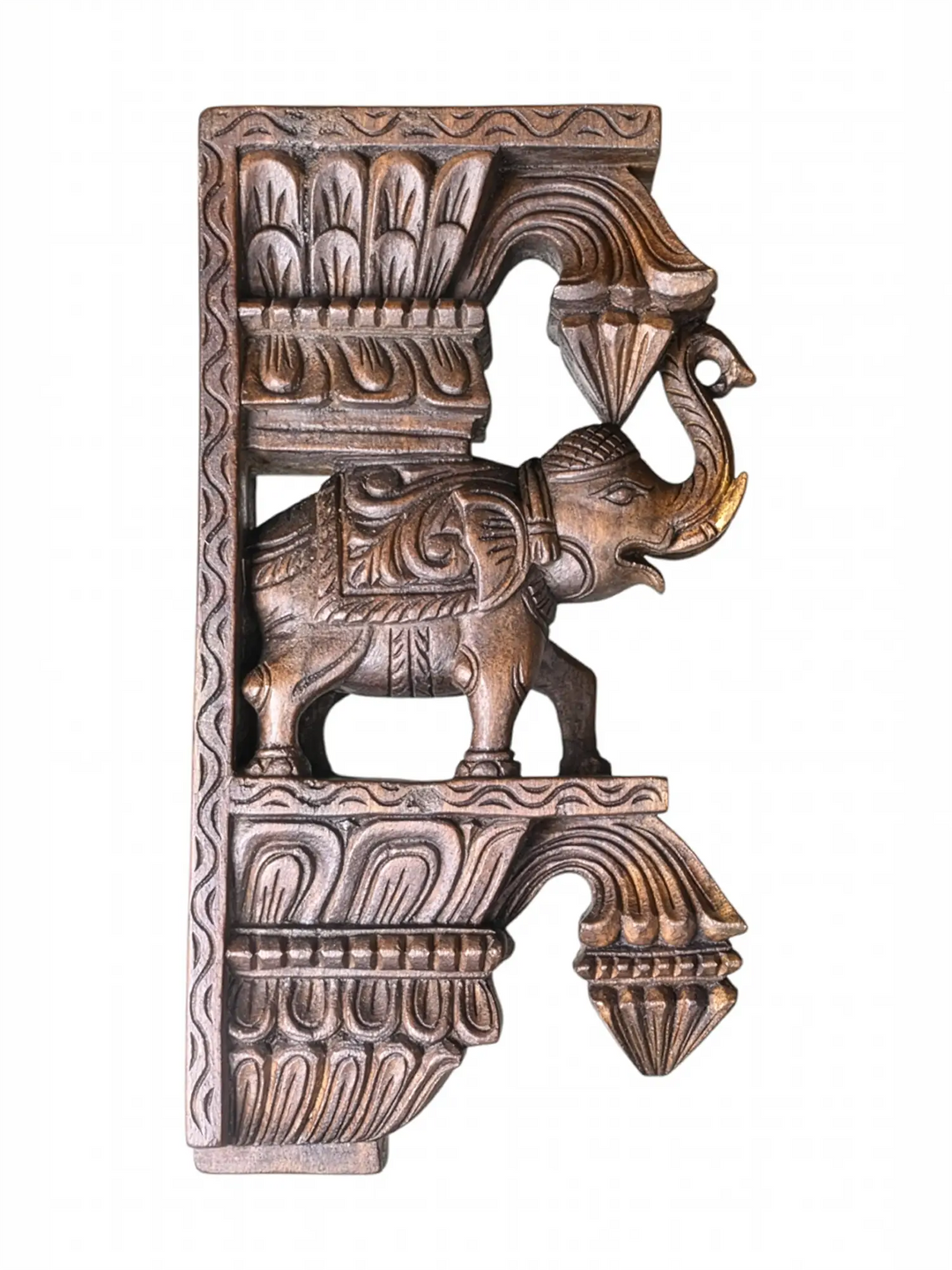 Hand-carved wooden elephant wall bracket Side View