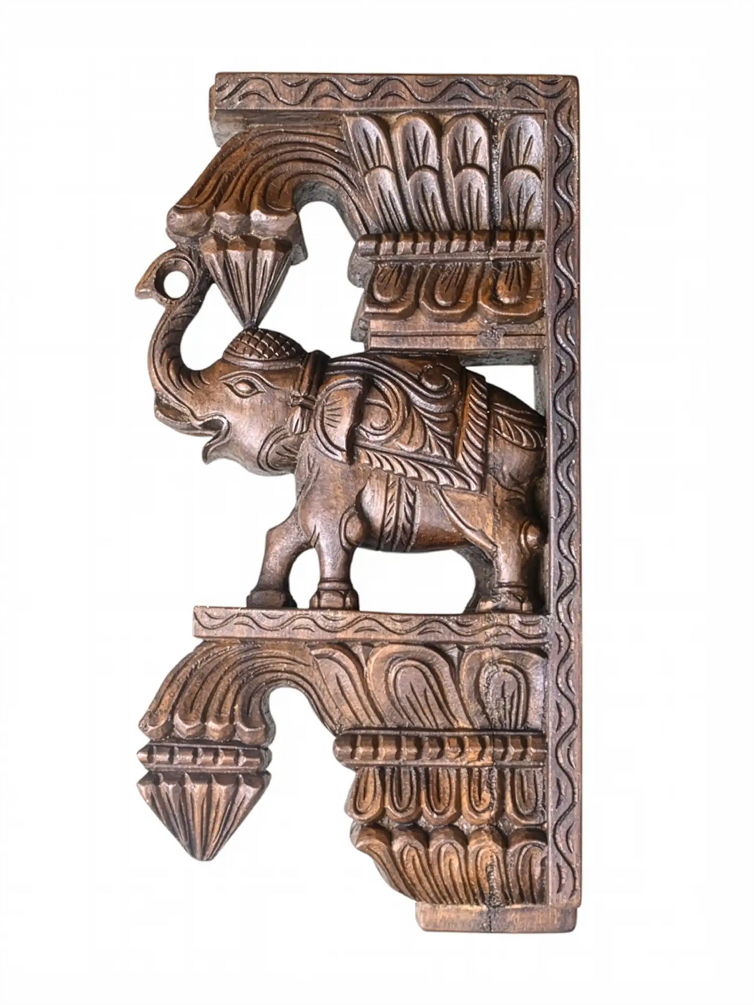 Hand-carved wooden elephant wall bracket Side View