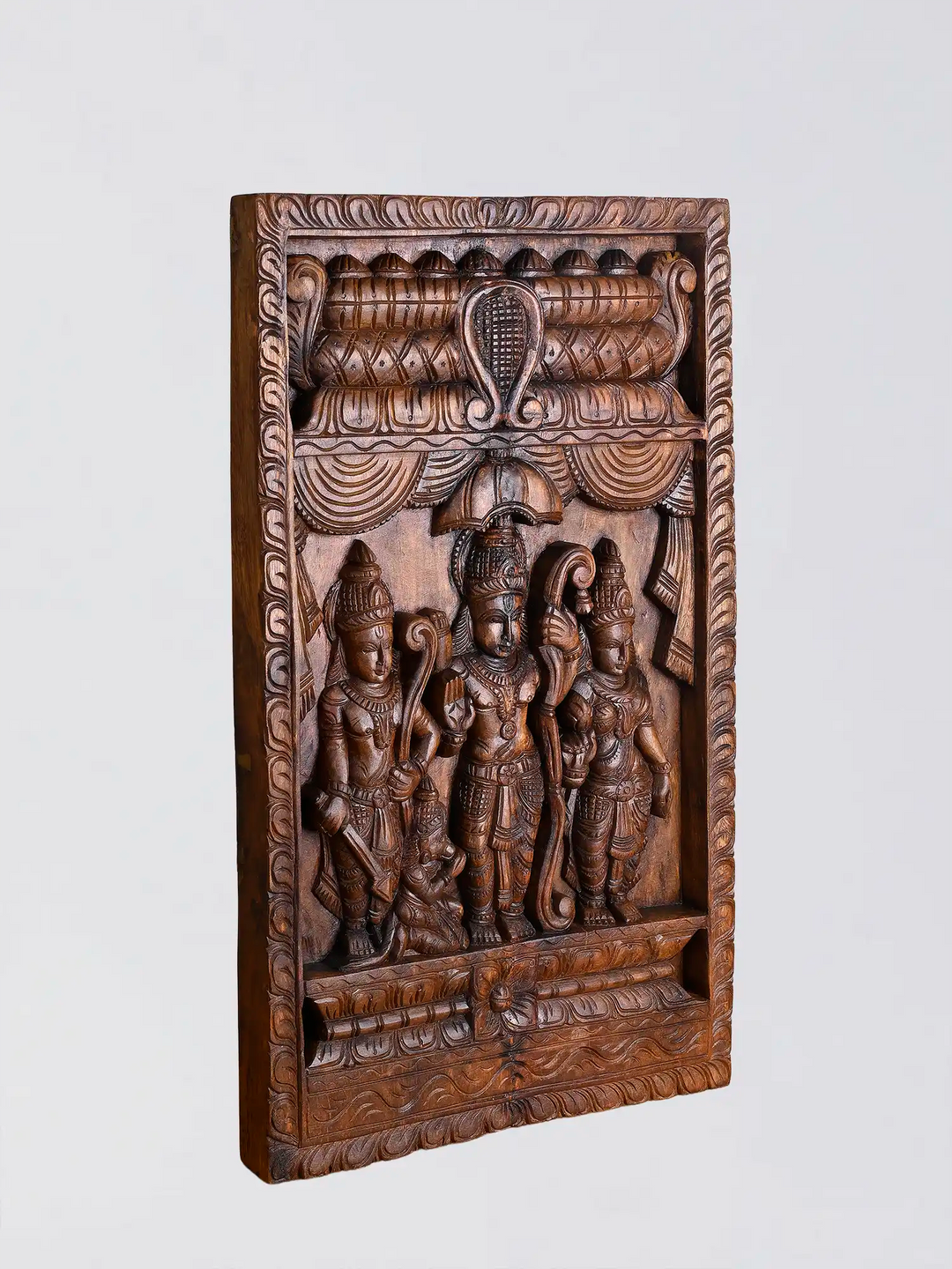 Wooden Hand Carved Ram Sita Lakshmana wall panel 18"