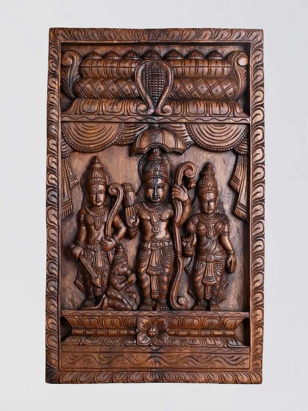 Wooden Hand Carved Ram Sita Lakshmana wall panel 18"
