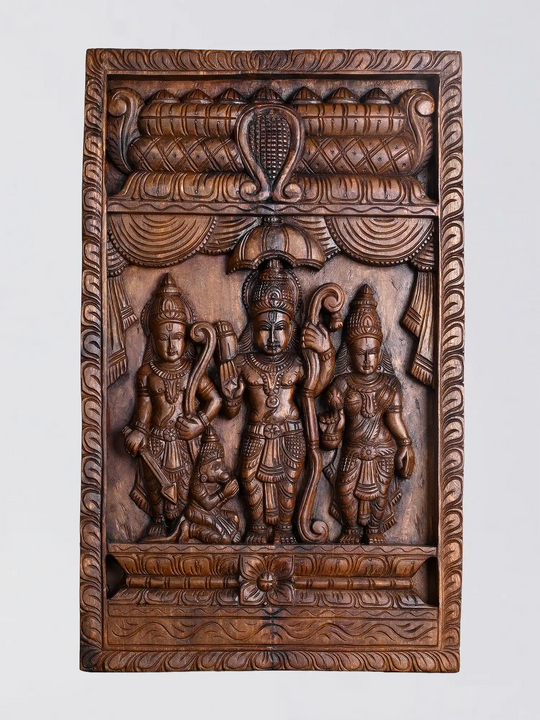 Wooden Hand Carved Ram Sita Lakshmana wall panel 18"