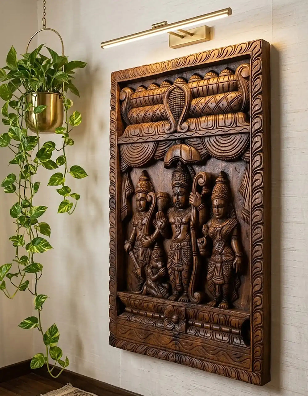 Wooden Hand Carved Ram Sita Lakshmana wall panel 18"