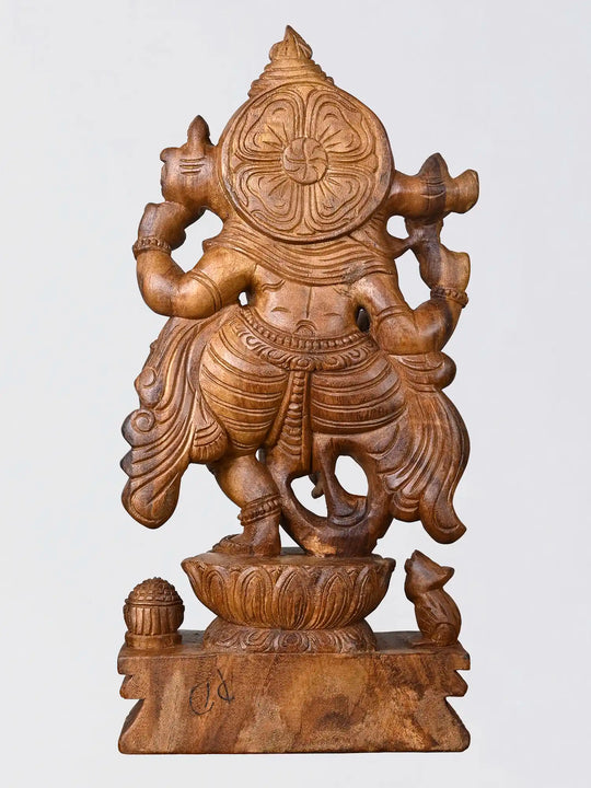 Dancing Ganesha on Lotus – Handcrafted Traditional Wooden Sculpture 24"