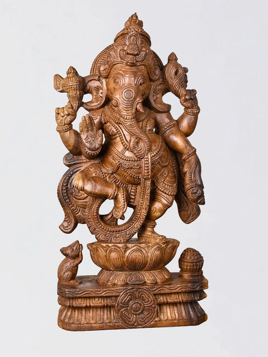 Hand carved Dancing Ganapathi on lotus wooden sculpture