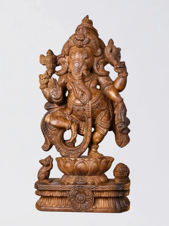Dancing Ganesha on Lotus – Handcrafted Traditional Wooden Sculpture 24"
