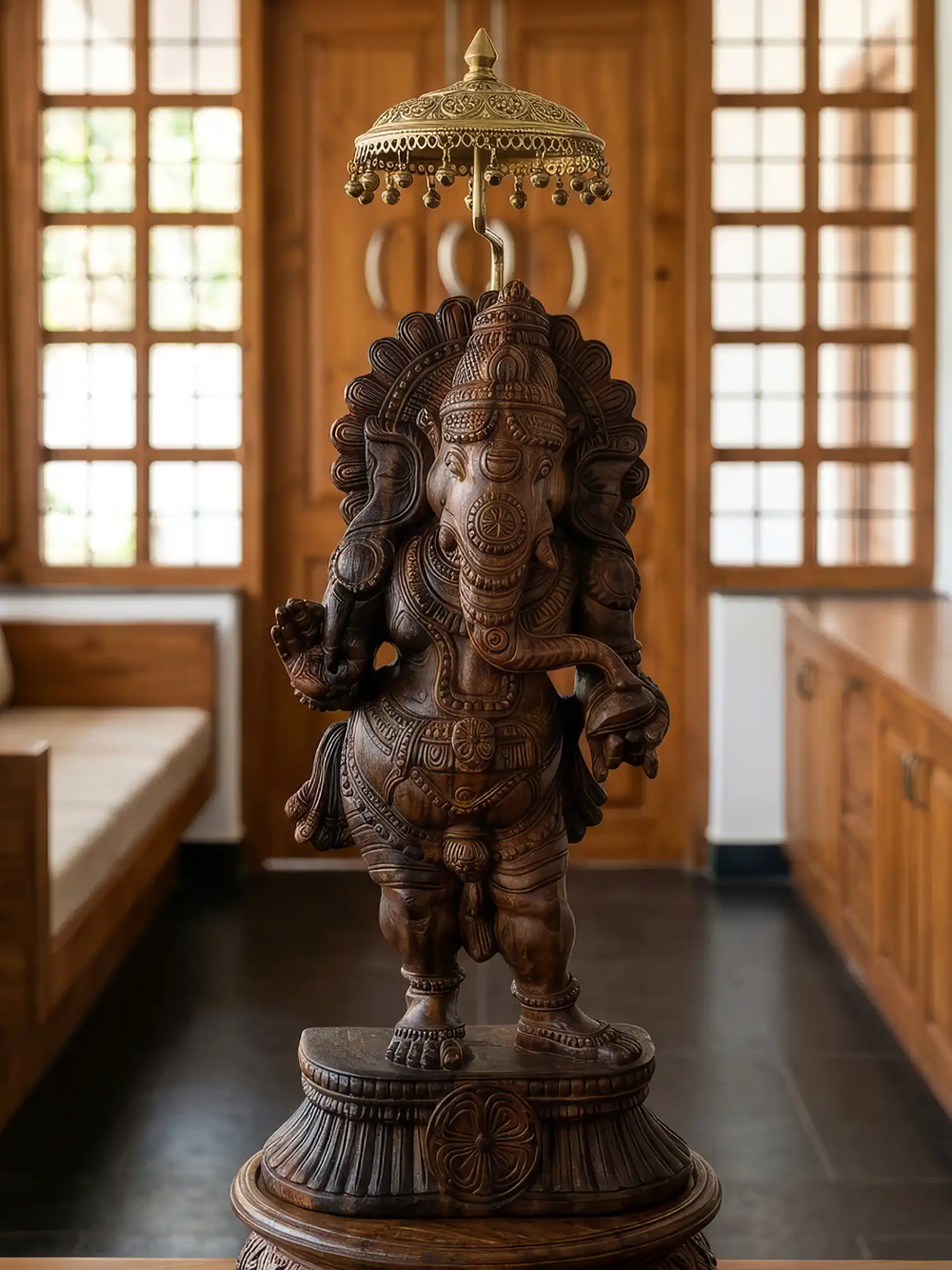 Standing Lord Ganesha wooden statue with traditional carving