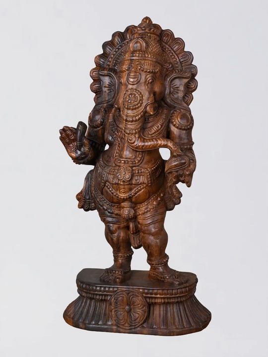 Lord Ganesha standing wooden sculpture with intricate details