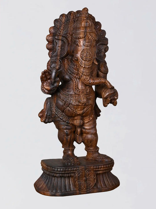 Standing Lord Ganesha Wooden Statue – Indian Handcrafted Sculpture 24'