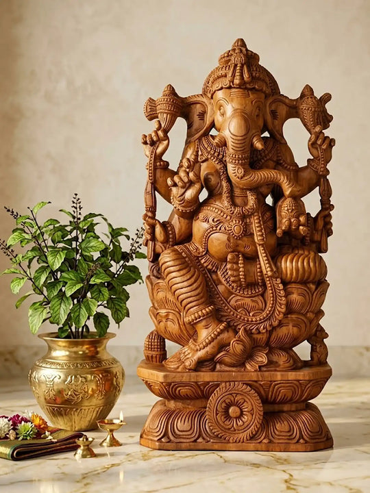 Traditional seated wooden Ganesha statue