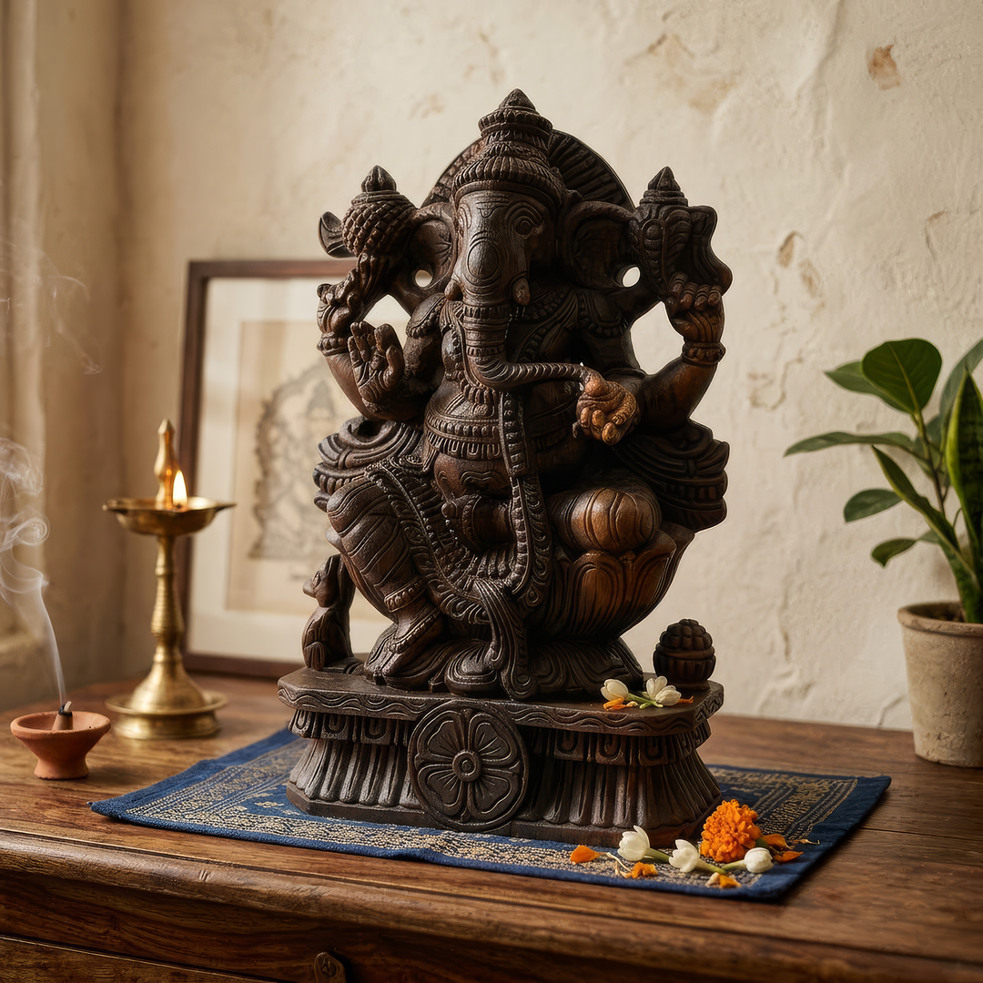 Dark Brown Wooden Ganesh Statue