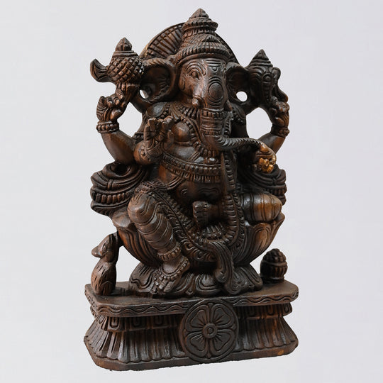 Dark Brown Wooden Ganesh Statue | Handcrafted Wooden Ganesha Idol 16"