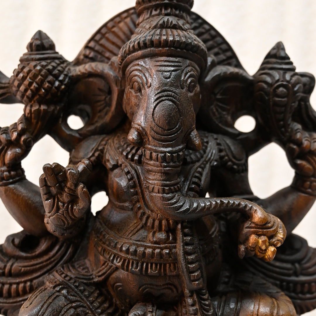 Dark Brown Wooden Ganesh Statue | Handcrafted Wooden Ganesha Idol 16"