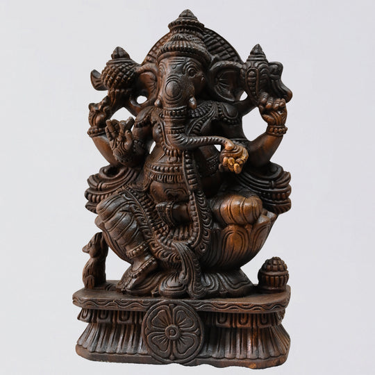 Dark Brown Wooden Ganesh Statue | Handcrafted Wooden Ganesha Idol 16"