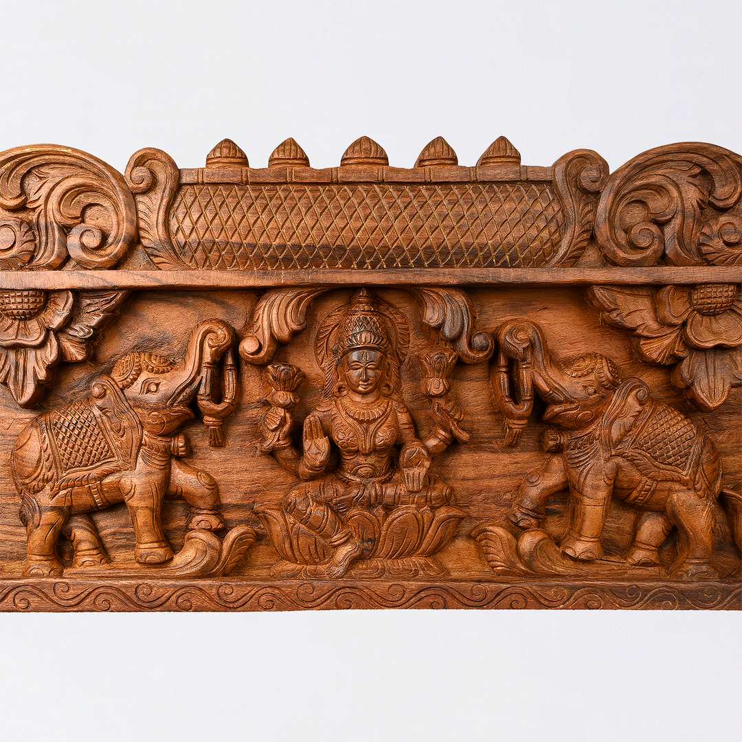 Wooden Gajalakshmi with Ganesh Horizontal Wall Panel