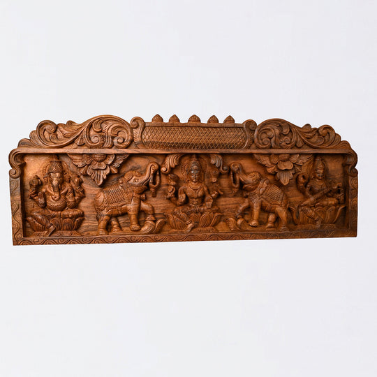 Wooden Gajalakshmi with Ganesh Horizontal Wall Panel