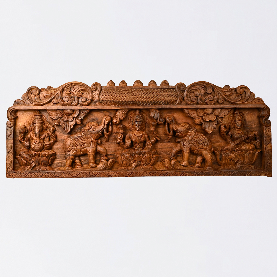 Wooden Gajalakshmi with Ganesh Horizontal Wall Panel