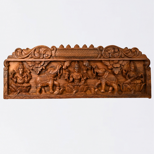 Wooden Gajalakshmi with Ganesh Horizontal Wall Panel