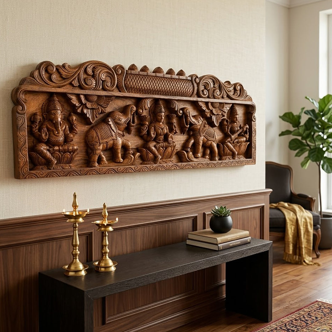 Wooden Gajalakshmi with Ganesh Horizontal Wall Panel