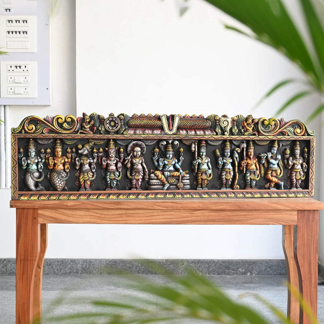 Decorative wooden Vishnu Dasavatharam wall art with intricate carvings