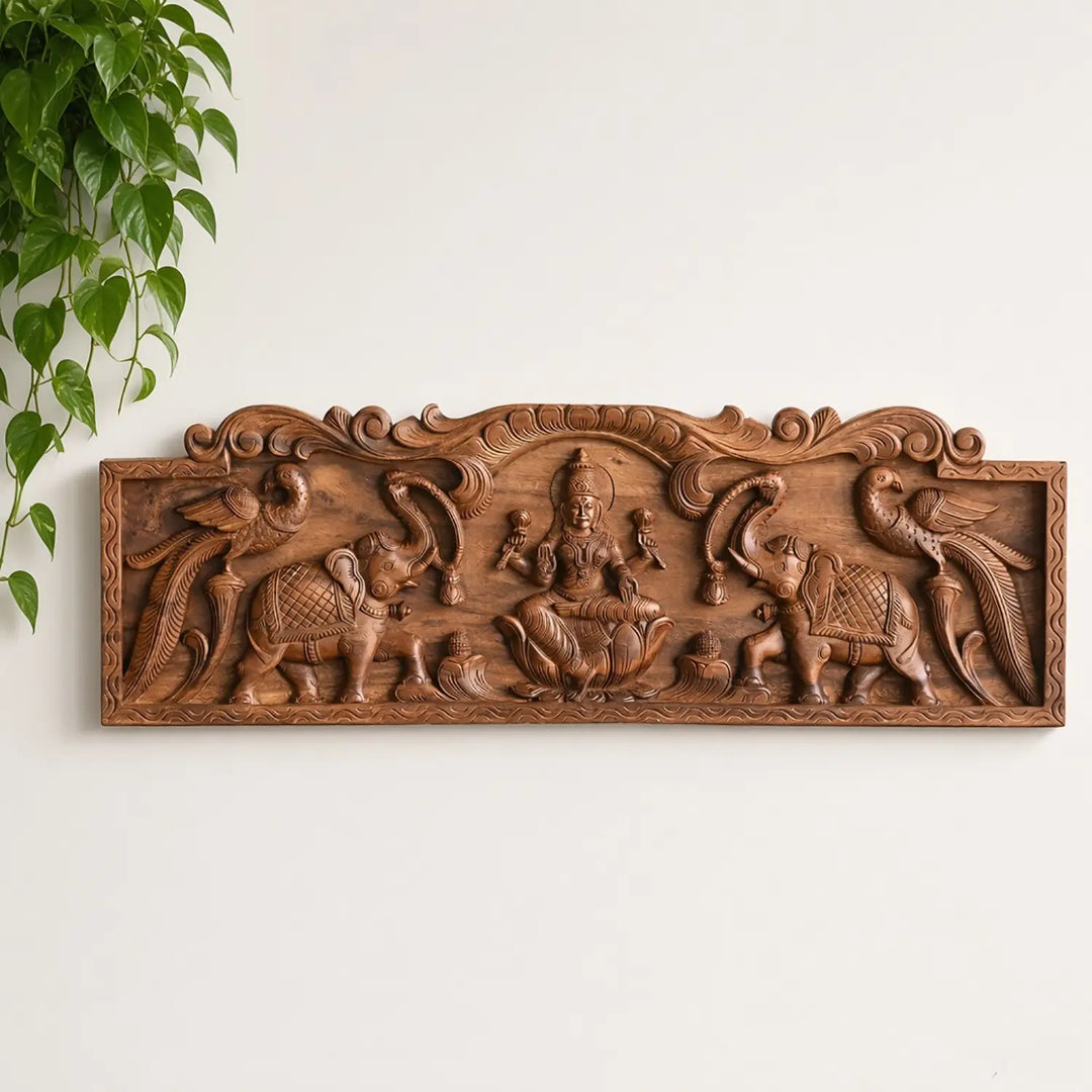 Gajalakshmi Wooden Wall Art for Home Entrance & Pooja Room 36"