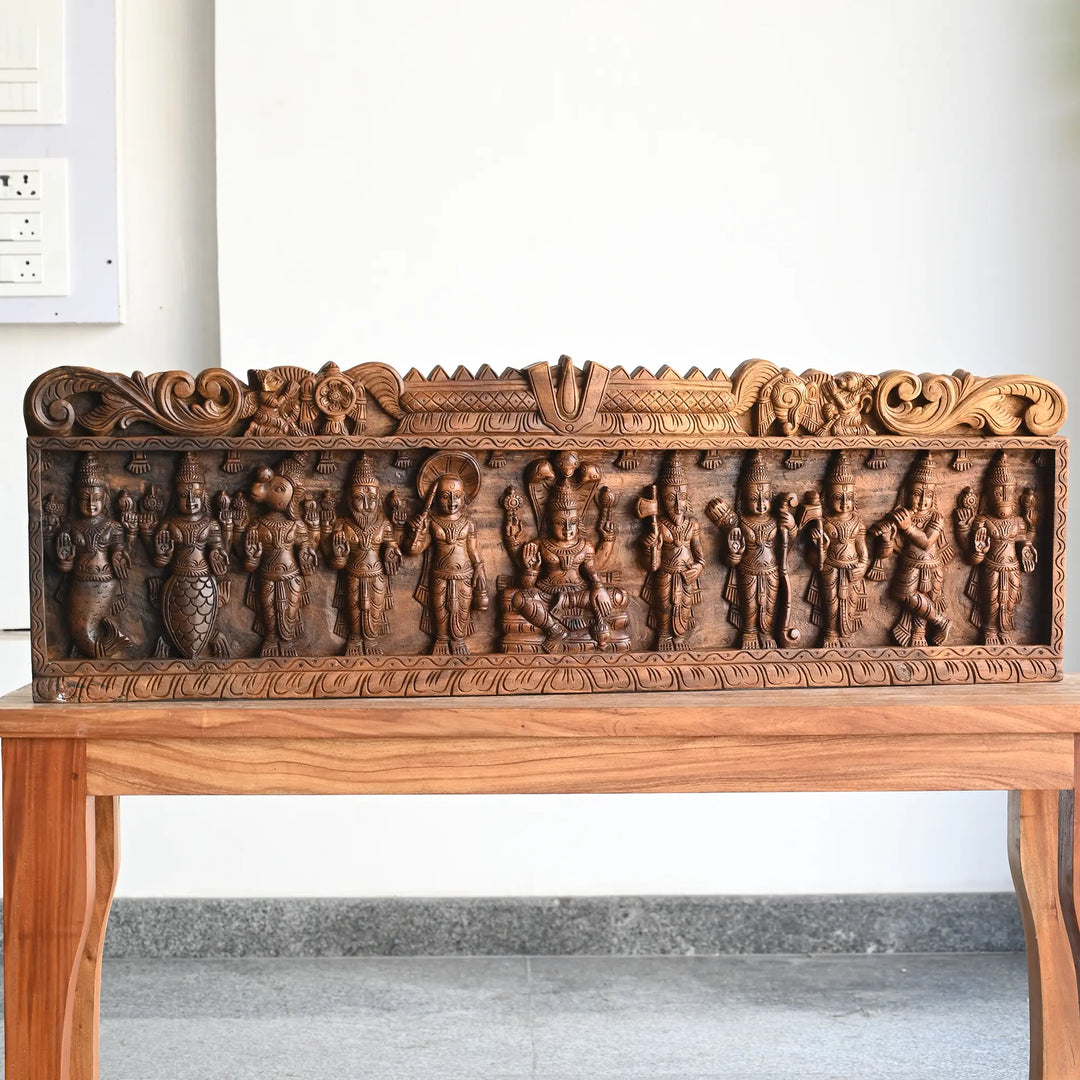 Wooden Vishnu panel with serpent motifs and Dasavatharam carvings