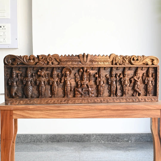 Wooden Vishnu panel with serpent motifs and Dasavatharam carvings