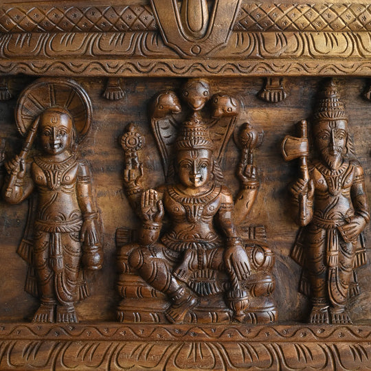 lord Vishnu with Adisesha and Dasavatharam Wooden Wall Art- Wood Carving 48"