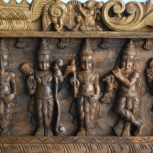 lord Vishnu with Adisesha and Dasavatharam Wooden Wall Art- Wood Carving 48"