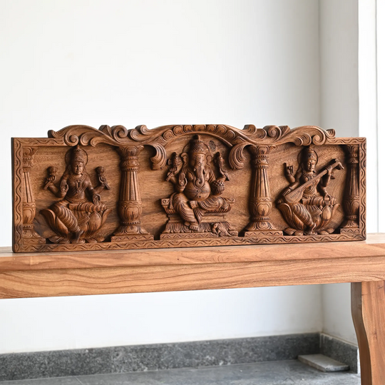 Saraswathi Devi wooden wall mount carving with traditional details