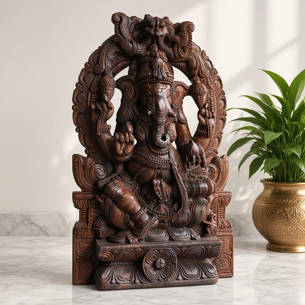 Lord Ganesh wooden idol for traditional temple decoration