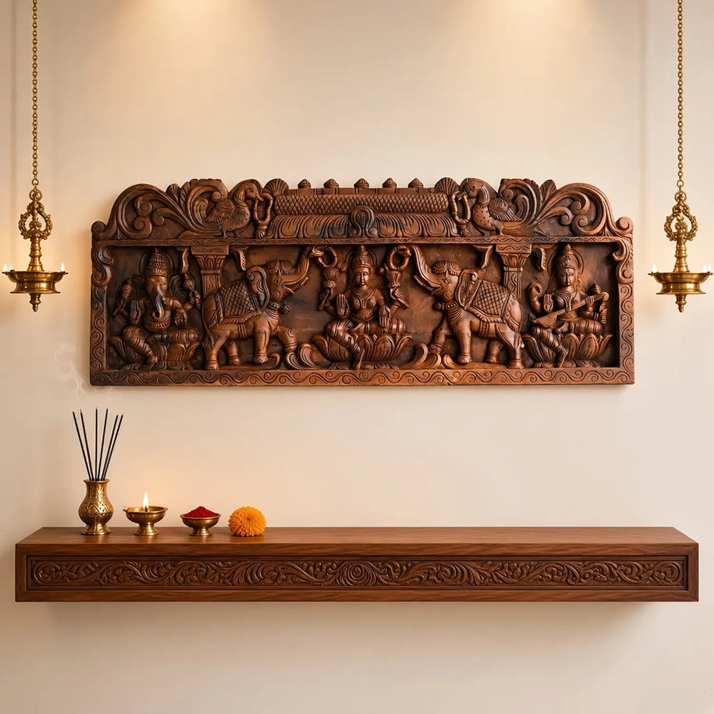 Decorative Gajalakshmi Wooden panel for Spiritual Interiors with ganesh & saraswathi