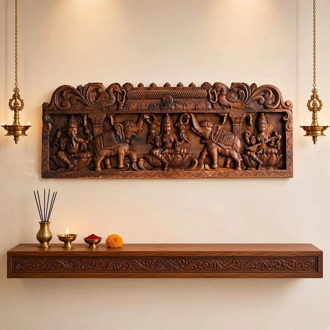 Decorative Gajalakshmi Wooden panel for Spiritual Interiors with ganesh & saraswathi