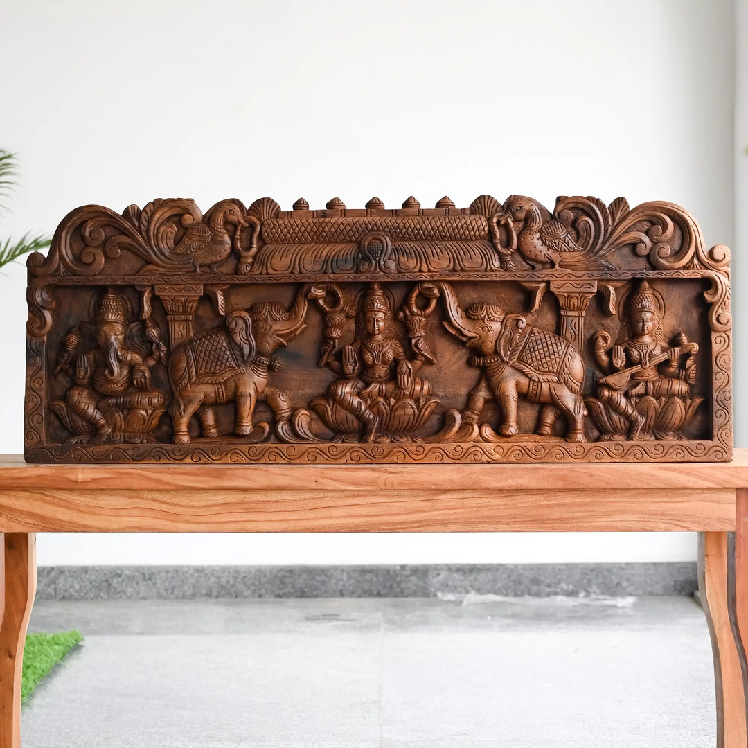 Decorative Gajalakshmi Wooden panel for Spiritual Interiors with ganesh & saraswathi