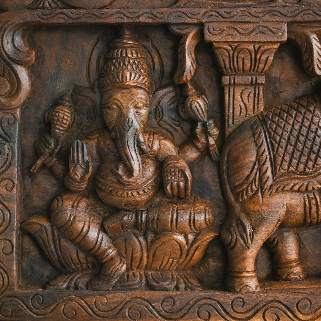 Decorative Gajalakshmi Wooden panel for Spiritual Interiors with ganesh & saraswathi 42"