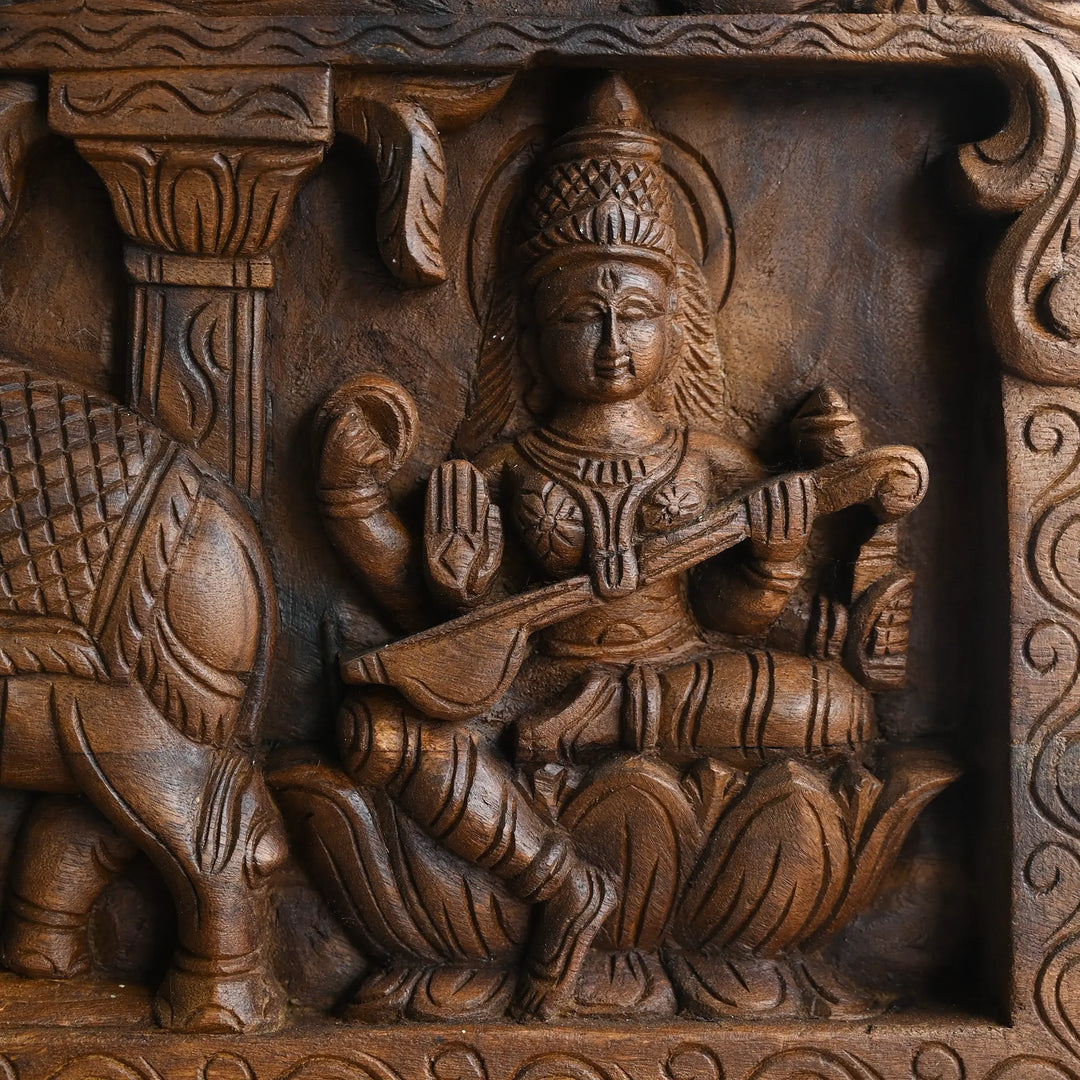 Decorative Gajalakshmi Wooden panel for Spiritual Interiors with ganesh & saraswathi 42"