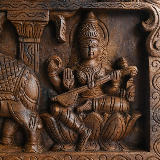 Decorative Gajalakshmi Wooden panel for Spiritual Interiors with ganesh & saraswathi 42"