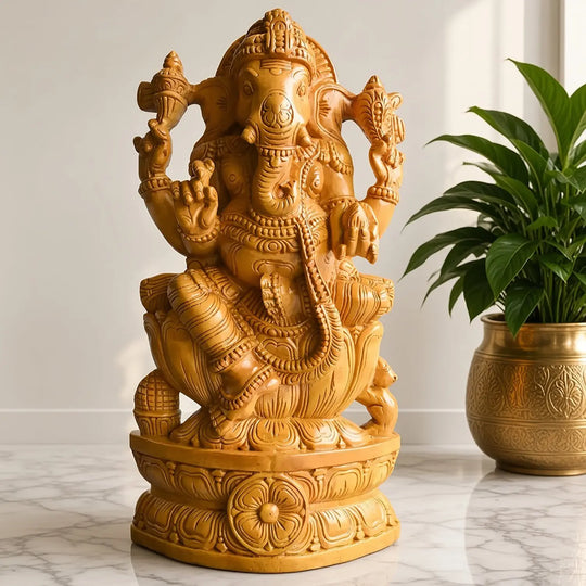 Decorative wooden Ganesha sculpture for devotional interiors