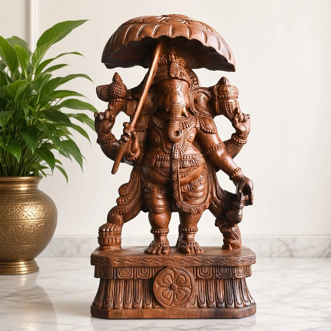 Premium wooden Ganesh idol with umbrella design for traditional interiors