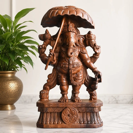Premium wooden Ganesh idol with umbrella design for traditional interiors