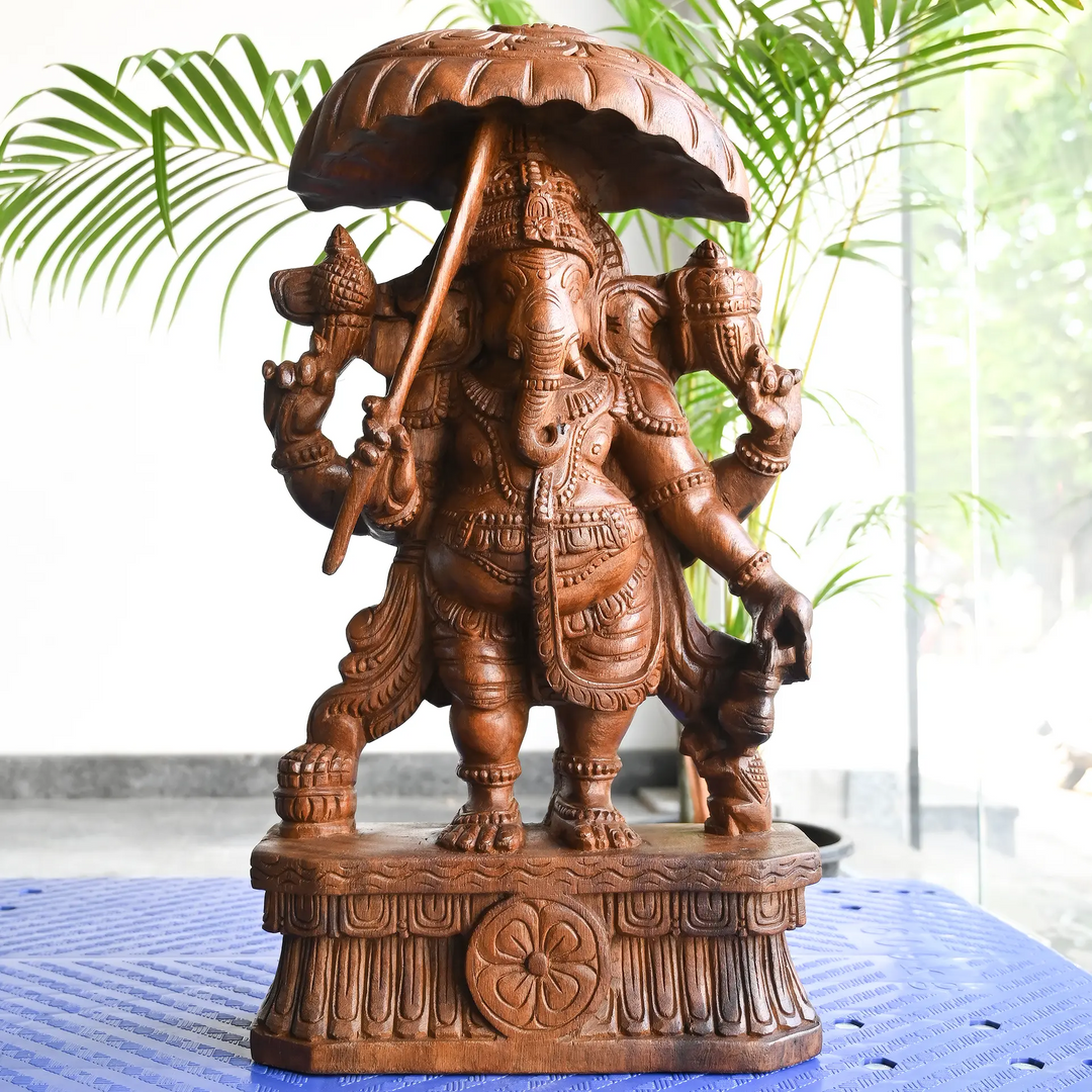 Wooden Umbrella Ganesh idol with traditional handcrafted carving