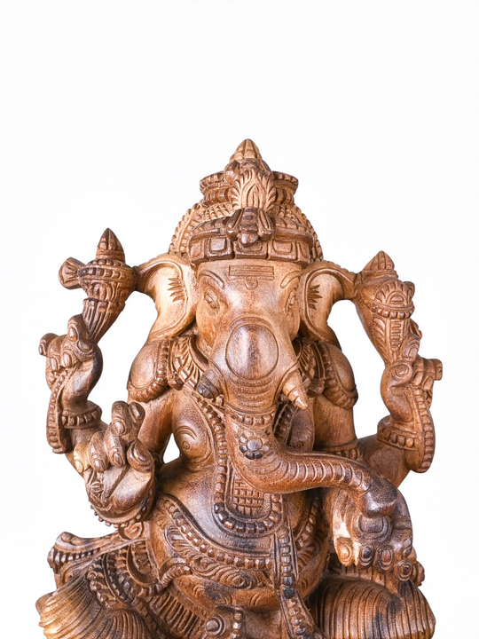 Classic wooden Ganpati sculpture handcrafted from quality wood for  living room décor, and spiritual home accents.